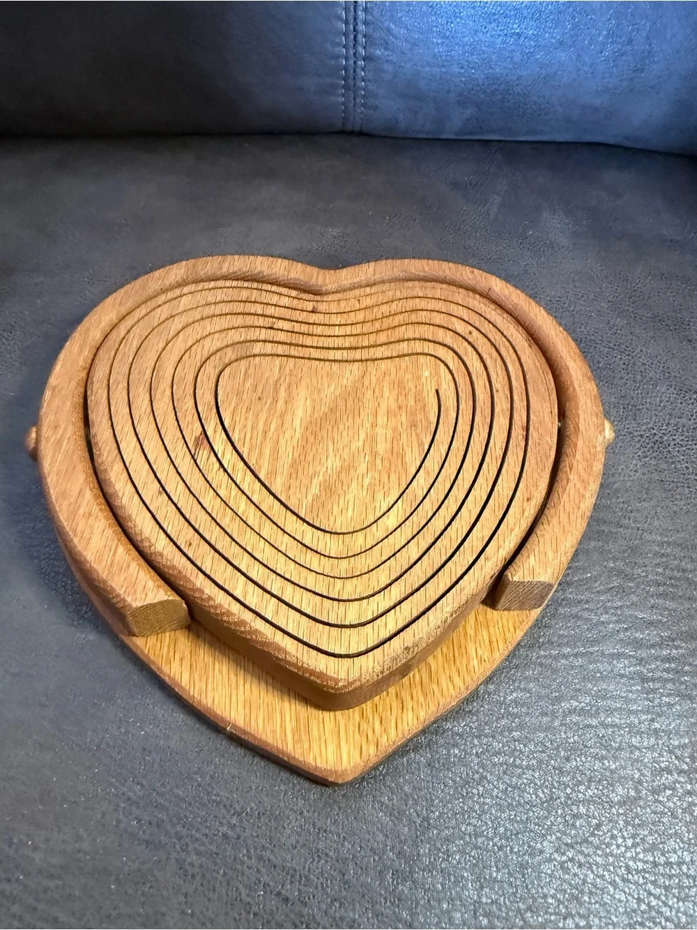 Vtg Heart Shape Basket/Bowl Collapsible HandMade Oak Wooden Decor 10”